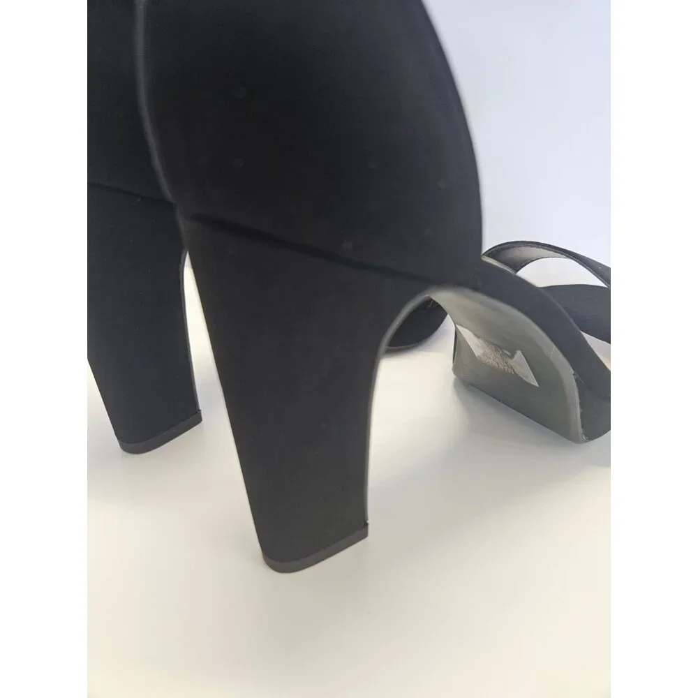 Stylish High Block Heel Women's Size 8 Open Toe Platform Ankle Strap Black Suede